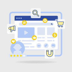 Flat illustration of CRM customer journey mapping with awareness, interest, decision, purchase, retention, loyalty. Includes megaphone, magnifier, cart, magnet, chat, and membership.