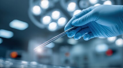 A Skilled Medical Professional in Blue Gloves Carefully Holds a Surgical Instrument in a Bright Clean Operating Room Highlighting Precision and Expertise