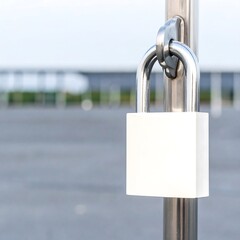 White Padlock Securing a Metal Post in an Outdoor Setting.