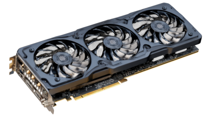 Advanced Graphics Card with Triple Fans and Metallic Casing on Transparent Background, cut out transparent