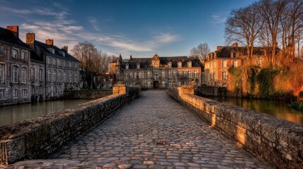 A cobblestone pathway leads across a bridge to historical buildings by a calm waterway, bathed in the warm glow of a late afternoon sun.