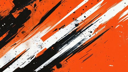 Abstract graphic energetic orange, black, and white splashes/diagonal lines. Grunge texture overlayed