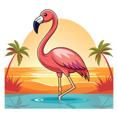 flamingo in the sunset with palm trees 