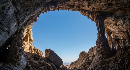 Cave Opening with Sunlight and Rock Formations.