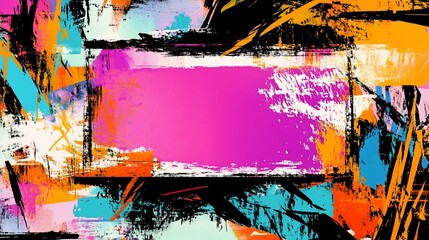 Bold, abstract painting with pink center, chaotic brushstrokes of black, blue, orange, and white