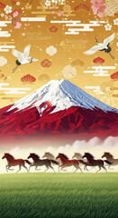 Naklejka premium Mount Fuji snow red mountain green field running horse crane cloud gold sky Japanese pattern flower. vibrant scene with horses galloping front of Mount Fuji cranes flying above and traditional