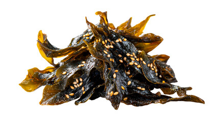 Fototapeta premium Crispy seasoned seaweed flakes with sesame seeds scattered on top, cut out transparent
