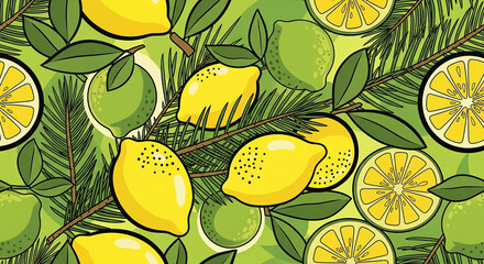Seamless Citrus and Pine Vector Pattern