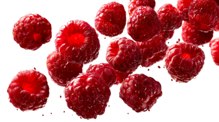 Ripe red raspberries with water droplets suspended in motion, cut out transparent