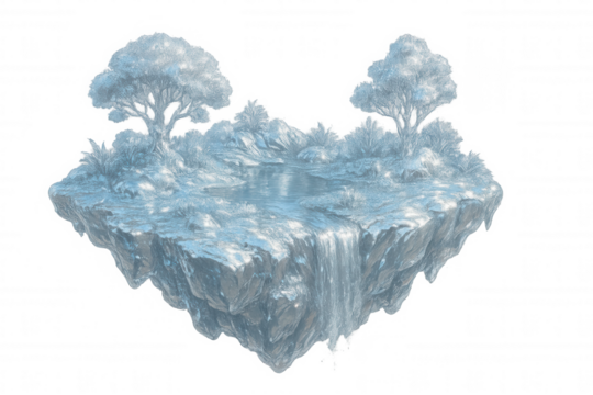 3d rendering of a floating island with waterfall, trees, and grass, isolated on transparent background - Powered by Adobe