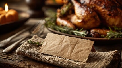 Thanksgiving Feast: A roasted turkey sits on a rustic wooden table. Beside the centerpiece, a place setting is adorned with a blank place card, evoking anticipation of a warm gathering.Generative Ai