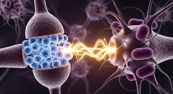 Neural synapse with neurotransmitters firing impulses in the brain cell network