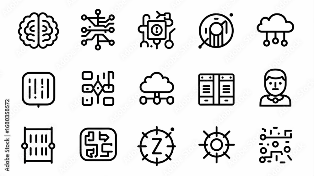 Wall mural set of 12 artificial intelligence line art icons – brain, network, circuit, cloud, and binary code i