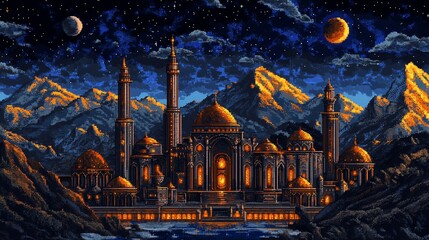 Golden mosque at night; mountains, water, two moons, starry sky, pixelated style