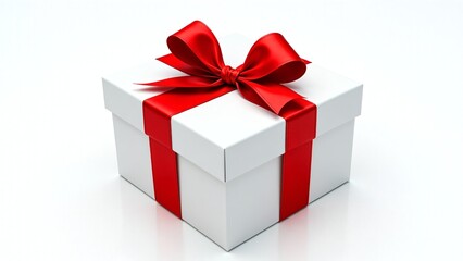 Obraz premium Elegant White Gift Box with a Vibrant Red Ribbon and Bow, Perfect for Special Occasions and Celebrations, a Symbol of Giving and Joy