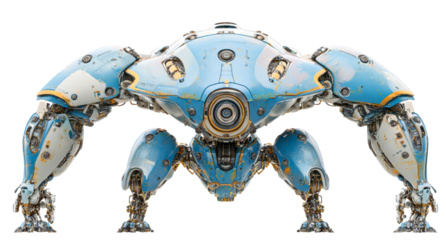 Detailed Multi-Legged Mechanical Creature with Weathered Blue and White Armor, cut out transparent