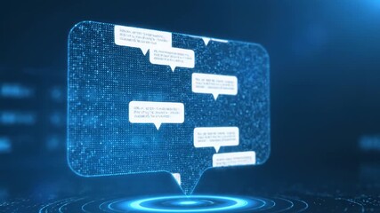 Holographic Chat Bubbles AI Concept - A futuristic, digital representation of a chat interface with multiple speech bubbles containing text, displayed as a hologram on a blurred blue background. - Powered by Adobe