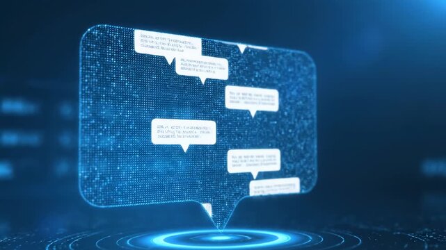 Holographic Chat Bubbles AI Concept - A futuristic, digital representation of a chat interface with multiple speech bubbles containing text, displayed as a hologram on a blurred blue background.