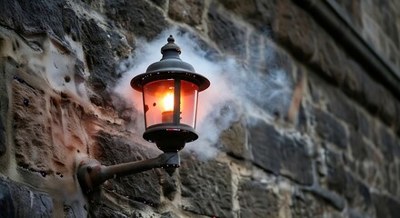 Enchanting Victorian Gas Lamp Illuminates Old Stone Wall with Ethereal Warm Glow on a Misty Evening
