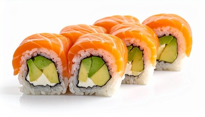 Salmon avocado sushi roll, isolated white background