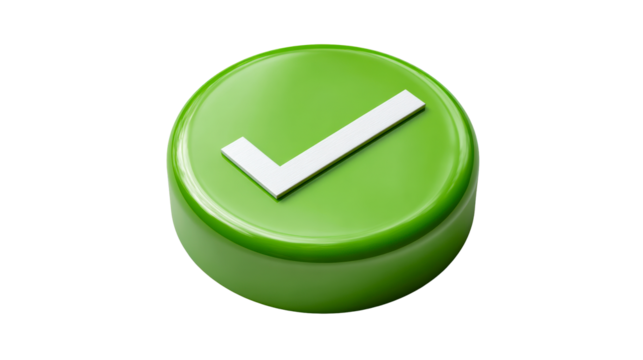 Green glossy button with white checkmark on transparent background, cut out transparent