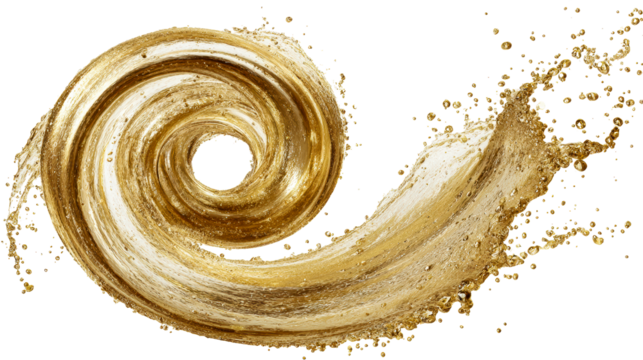 Golden liquid vortex with splash and droplets on a white void, cut out transparent
