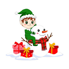 Cute Christmas Elf Riding a Happy Snowman with Gifts in the Snow. Happy Elf and Snowman Friends with Christmas Presents. Winter Holiday Fun with Adorable Elf and Snowman. Christmas Theme illustration.