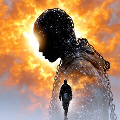 A silhouette of a person entwined in chains, illuminated by a cosmic backdrop symbolizing struggle and transformation.