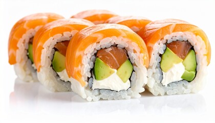 Salmon avocado sushi roll, isolated white background