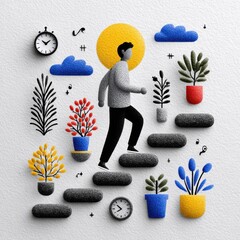 A vibrant illustration of a person ascending steps surrounded by plants, clocks, and clouds, symbolizing personal growth and time.