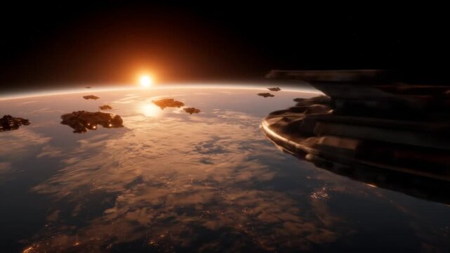 A fleet of large, dark spacecraft orbits a planet at sunrise.