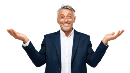 Smiling middle aged man with gray hair presenting with open hands, cut out transparent
