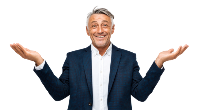 Smiling middle aged man with gray hair presenting with open hands, cut out transparent