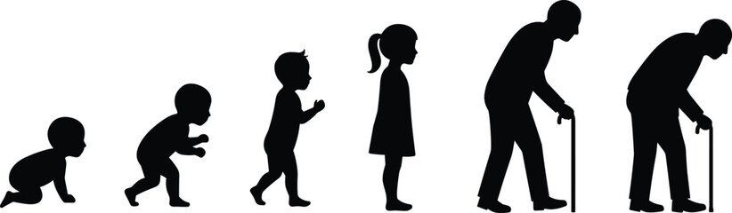 Human life stages silhouette illustration, baby to elderly, aging concept, timeline of growth, development from childhood to old age visual