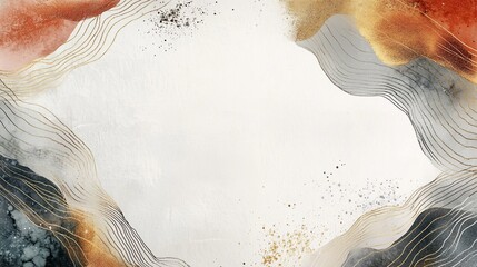 Abstract art with flowing lines, colors of copper, gold, gray, and cream, and a white empty center