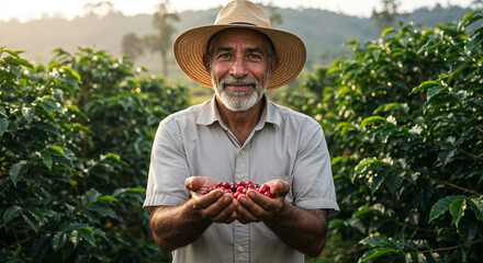 Proud senior farmer with a straw hat holding fresh red coffee beans in his hands at plantation