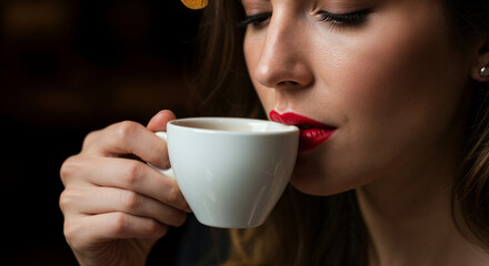 Close up of an elegant woman with red lipstick enjoying a fresh cup of espresso