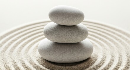 Zen garden balance smooth stones stacked on raked sand creates a serene and peaceful visual