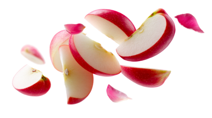 Sliced Red Apple Pieces and Petals Floating Mid-Air, cut out transparent
