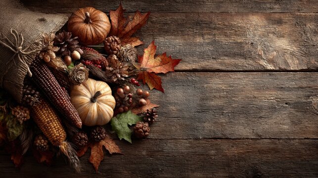 Harvest Abundance: autumnal still life, showcasing a cornucopia of seasonal elements, evokes a sense of warmth and the spirit of Thanksgiving against the backdrop of a wooden surface. Generative Ai