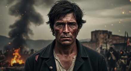 Obraz premium A man's determined gaze, shadowed by conflict, focused on a battlefield scene with a fire.