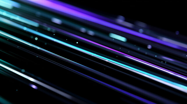 streaming data concept with copyspace. Diagonal glowing neon light streaks in blue and purple colors on dark background, abstract digital speed lines