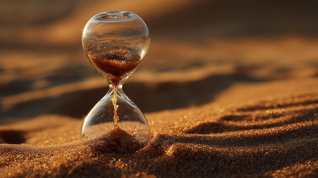 Glass hourglass with golden sand flowing in desert dunes at sunset, symbol of passing time and transience, realistic close-up with copyspace for inspirational design