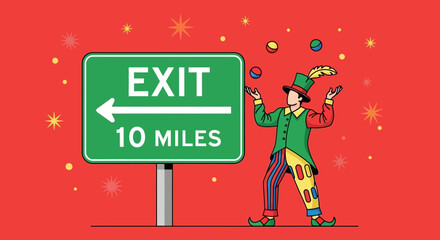 Naklejka premium Traveling Clown Juggling Near Highway Exit Sign On An Eye Catching Crimson Backdrop
