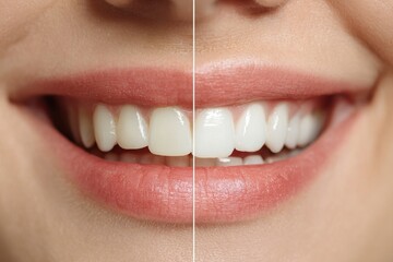 Before After Tooth. Smiling Woman with White Teeth in Dental Clinic Background