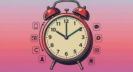 A vintage-style alarm clock, surrounded by digital icons, highlighting the balance between traditional timekeeping and modern technology.