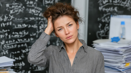 Young woman with thoughtful expression in classroom with chalkboard and papers