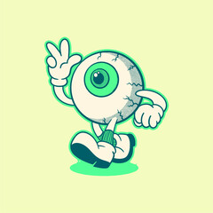 A Halloween eyeball cartoon character. Groovy, retro, mascot, icon, vintage, funny, comic, icon, vector, icon, illustration, logo, sticker, editable