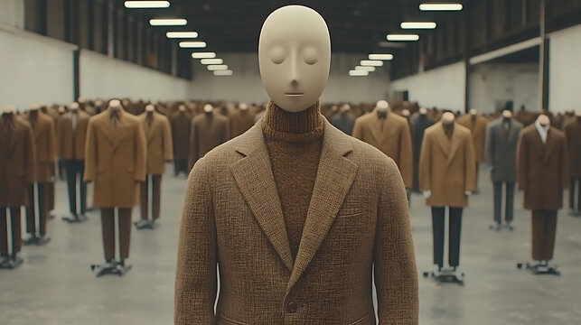 Mannequin in a Brown Suit Standing Among Rows of Identical Mannequins in a Warehouse - Powered by Adobe