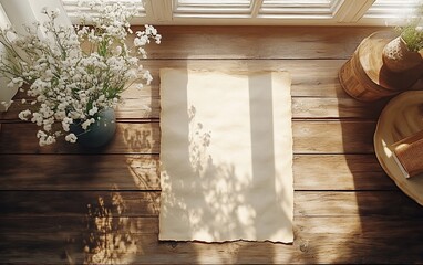 Aged paper on wooden surface by window with soft light and vase of flowers